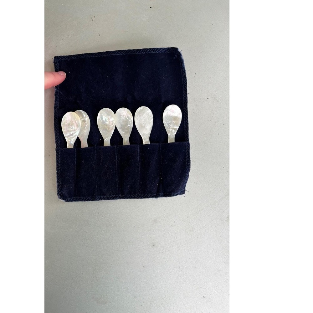 Vintage Mother of Pearl Caviar Spoon Set of 6 with Navy Velvet Pouch 4.25 inch